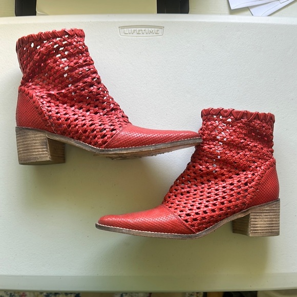 Free People Shoes - Free People Red Ankle Boots with Woven Texture and Chunky Heel
